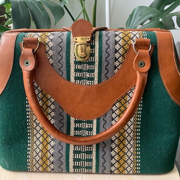 SOLD - Vintage Green Knit/Leather Handbag - Picture 1 of 5